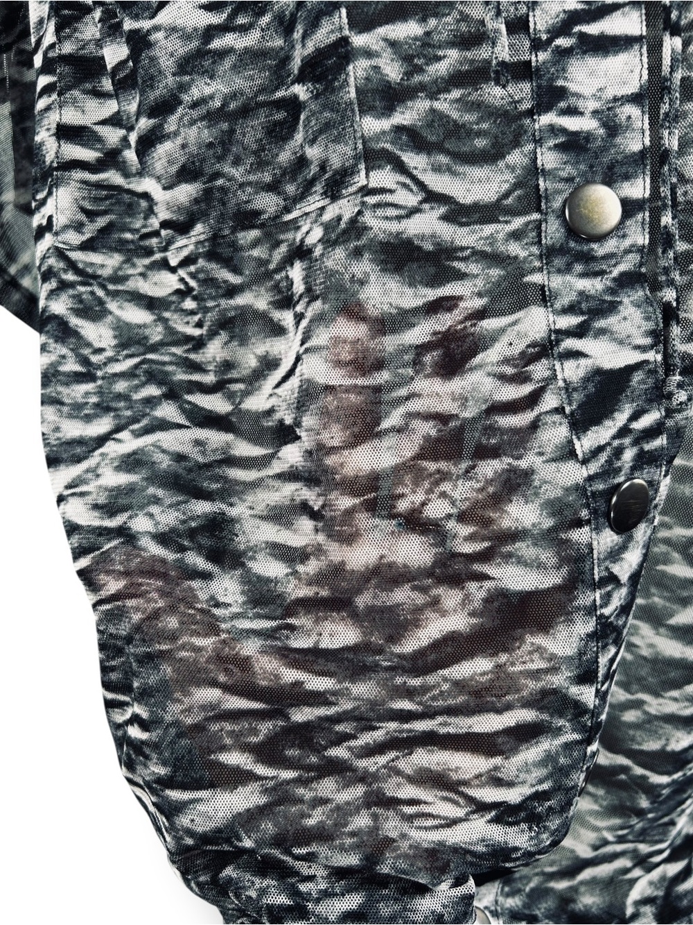 4/$20 Chico’s Weekends Hooded Snap Front Mesh Jacket Top Gray Abstract Print M - Picture 6 of 9